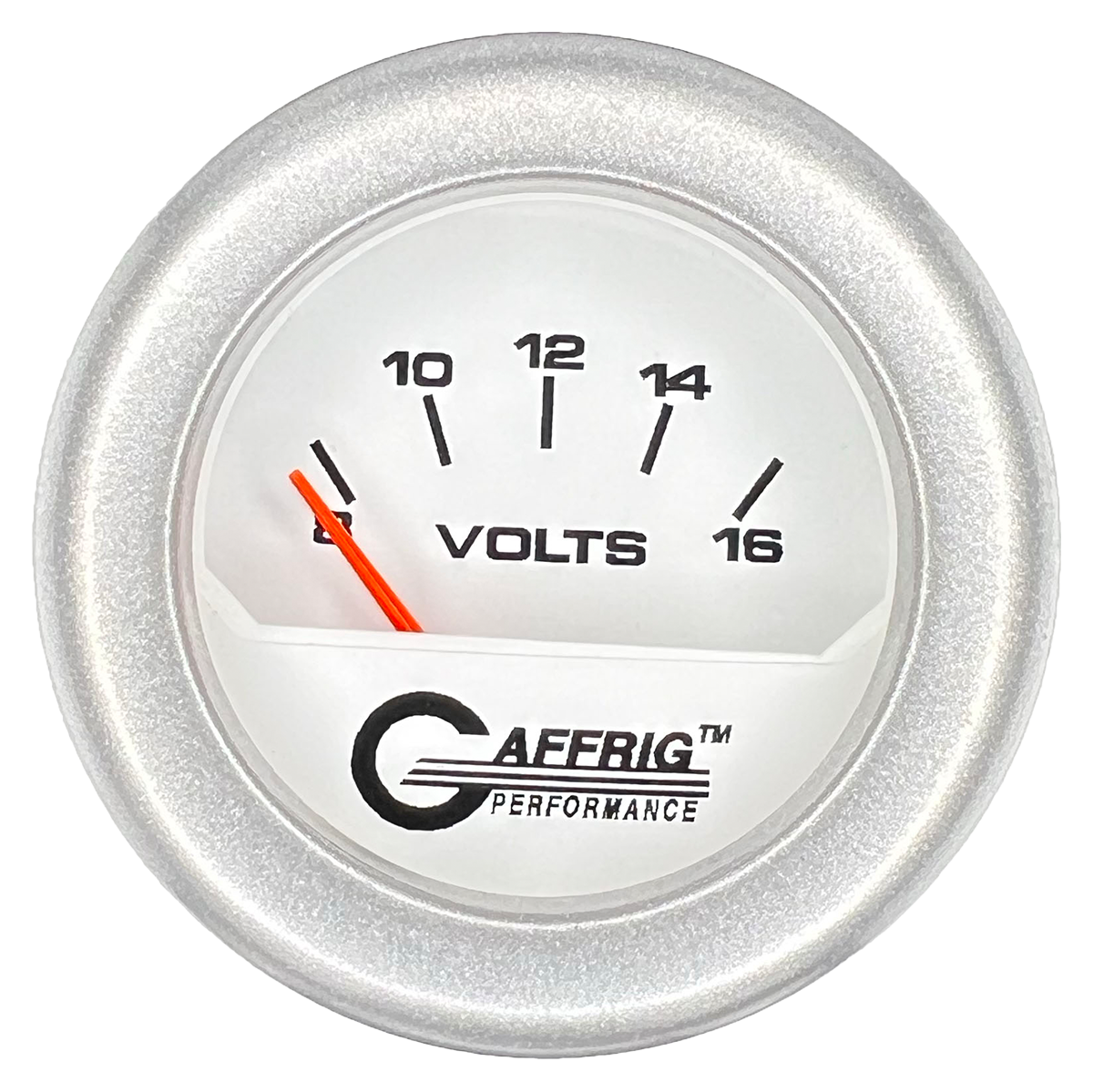 GAFFRIG 2 INCH ELECTRIC VOLTMETER 8-16 VOLT GAUGE FAT RIM (218) / PLATINUM / WHITE