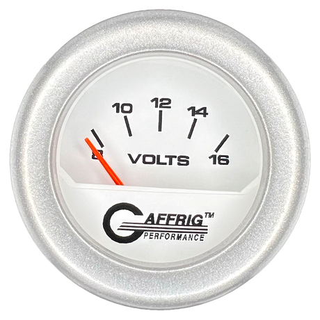 GAFFRIG 2 INCH ELECTRIC VOLTMETER 8-16 VOLT GAUGE FAT RIM (218) / PLATINUM / WHITE