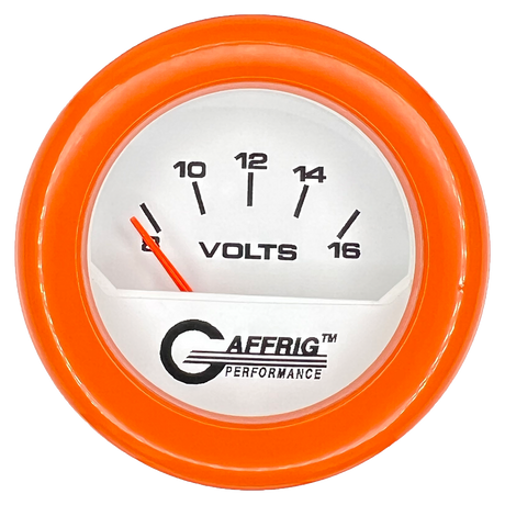 GAFFRIG 2 INCH ELECTRIC VOLTMETER 8-16 VOLT GAUGE FAT RIM (218) / ORANGE / WHITE