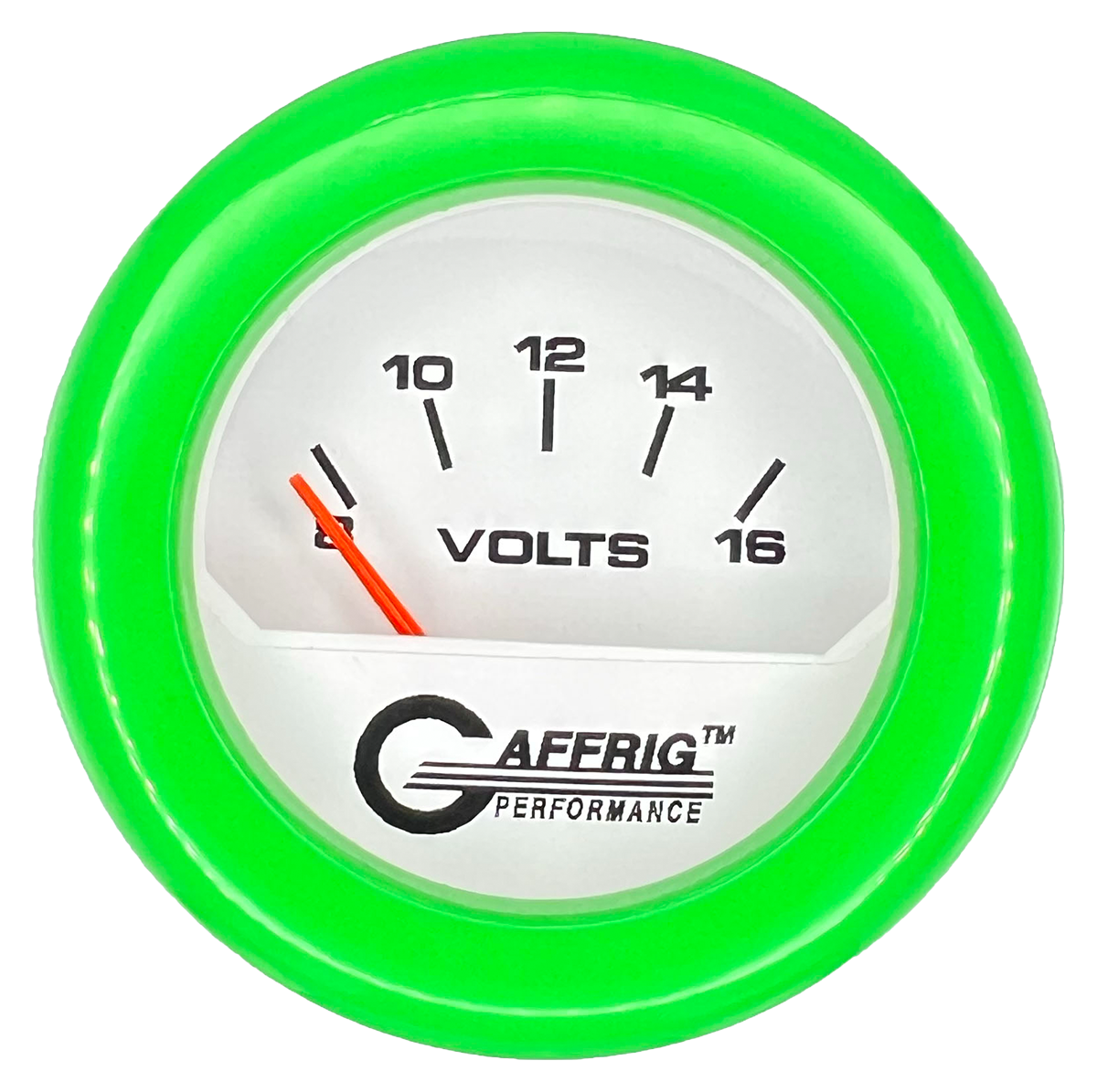 GAFFRIG 2 INCH ELECTRIC VOLTMETER 8-16 VOLT GAUGE FAT RIM (218) / LIME GREEN / WHITE