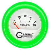 GAFFRIG 2 INCH ELECTRIC VOLTMETER 8-16 VOLT GAUGE FAT RIM (218) / LIME GREEN / WHITE