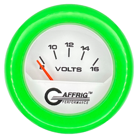 GAFFRIG 2 INCH ELECTRIC VOLTMETER 8-16 VOLT GAUGE FAT RIM (218) / LIME GREEN / WHITE