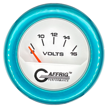 GAFFRIG 2 INCH ELECTRIC VOLTMETER 8-16 VOLT GAUGE FAT RIM (218) / TEAL / WHITE