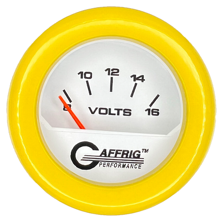 GAFFRIG 2 INCH ELECTRIC VOLTMETER 8-16 VOLT GAUGE FAT RIM (218) / YELLOW / WHITE