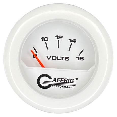 GAFFRIG 2 INCH ELECTRIC VOLTMETER 8-16 VOLT GAUGE FAT RIM (218) / WHITE / WHITE