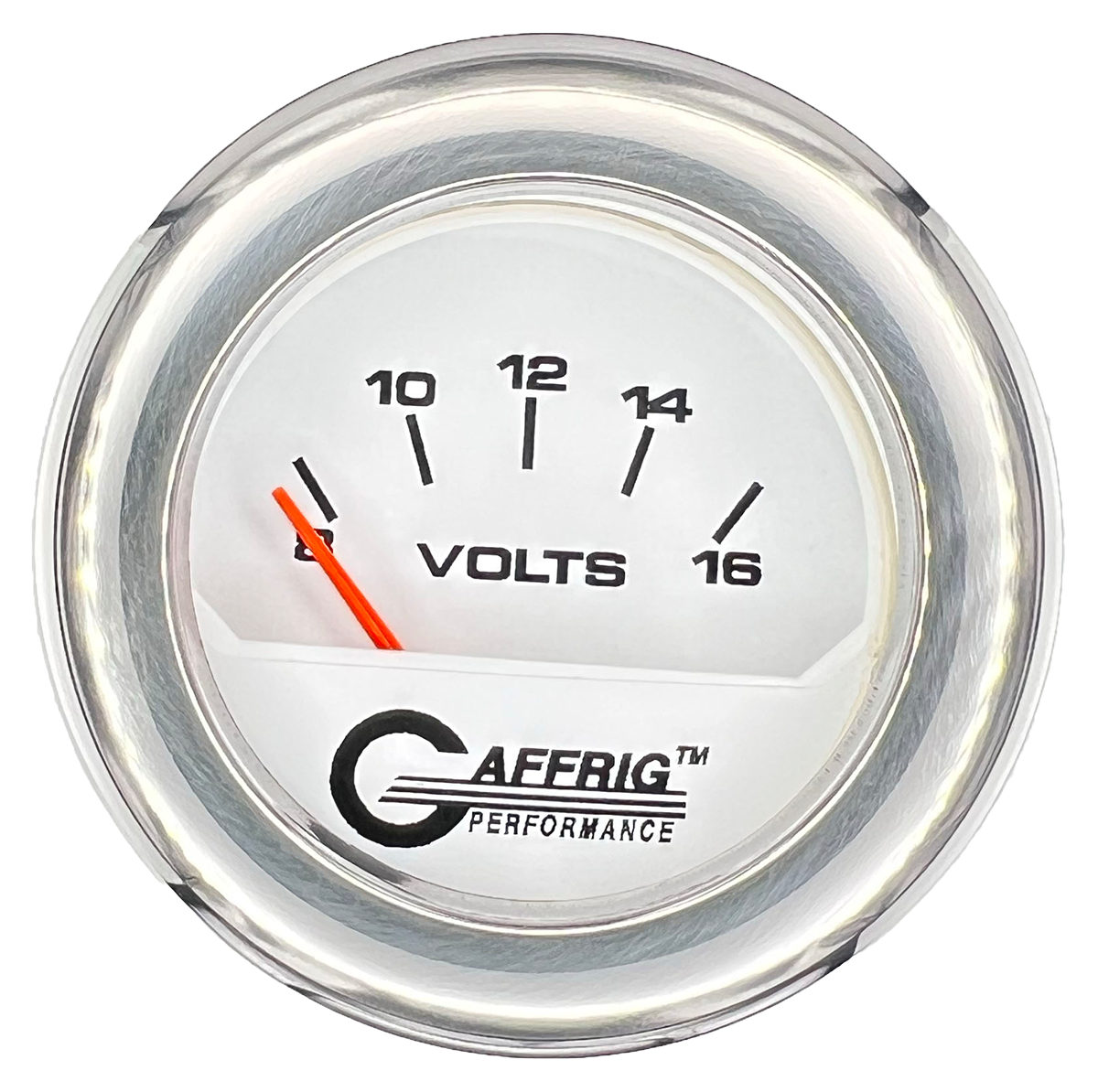 GAFFRIG 2 INCH ELECTRIC VOLTMETER 8-16 VOLT GAUGE FAT RIM (218) / CHROME/POLISHED / WHITE