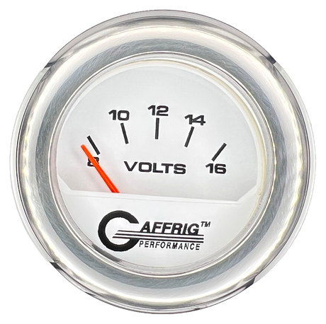 GAFFRIG 2 INCH ELECTRIC VOLTMETER 8-16 VOLT GAUGE FAT RIM (218) / CHROME/POLISHED / WHITE