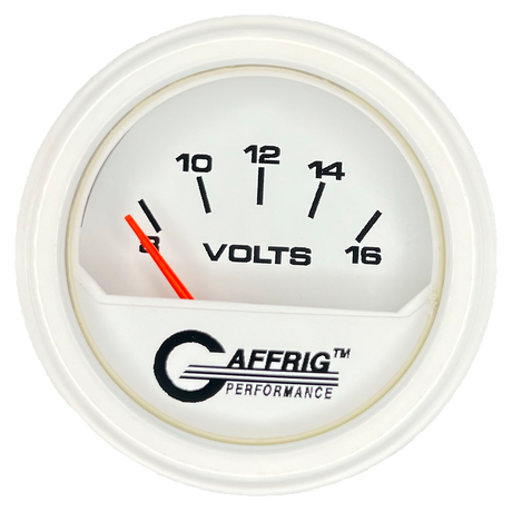 GAFFRIG 2 INCH ELECTRIC VOLTMETER 8-16 VOLT GAUGE STEP RIM (002) / WHITE / WHITE