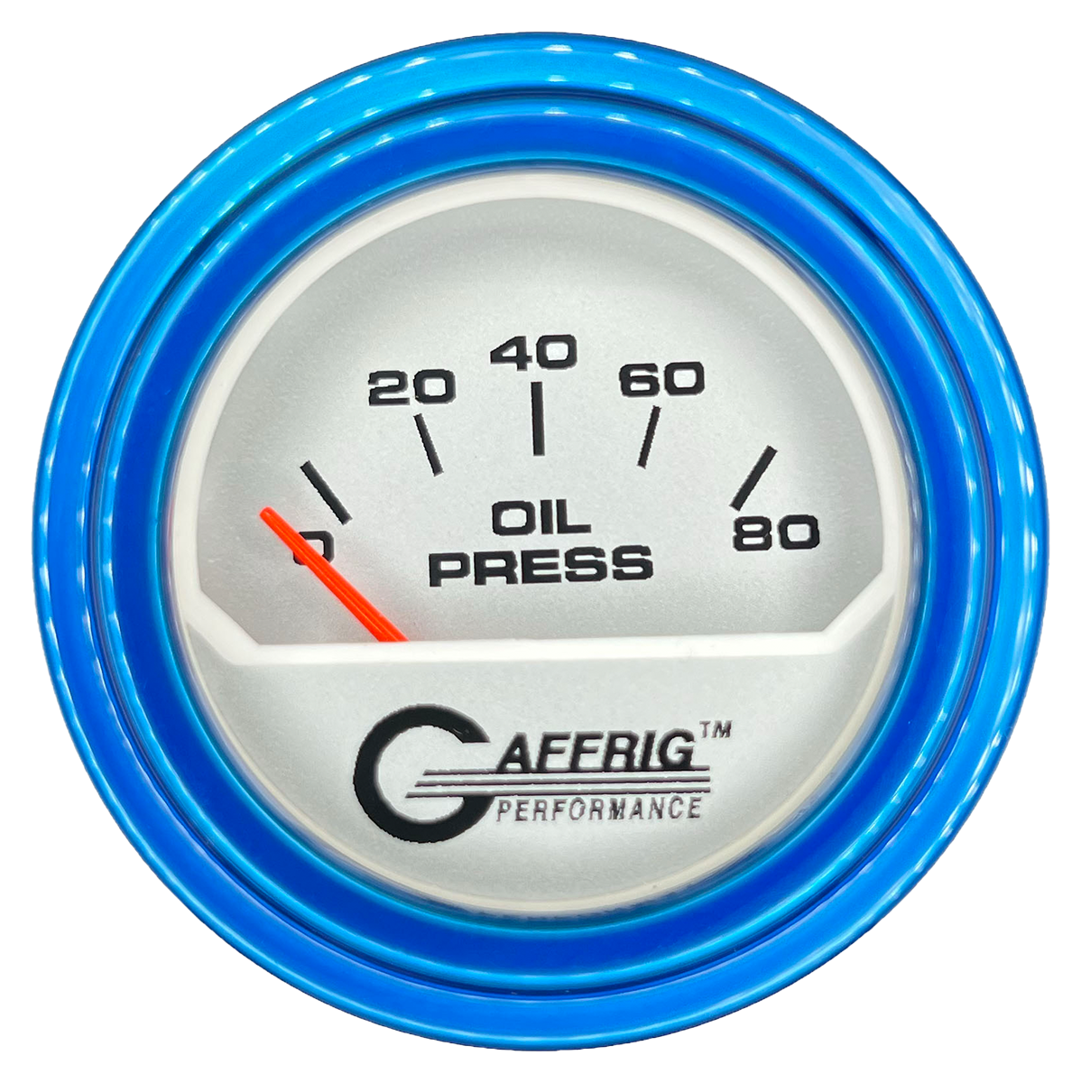 GAFFRIG 2 INCH ELECTRIC OIL PRESSURE GAUGE 0-80 PLATINUM / BLUE / STEP RIM