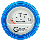 GAFFRIG 2 INCH ELECTRIC OIL PRESSURE GAUGE 0-80 PLATINUM / BLUE / STEP RIM