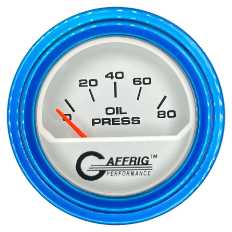 GAFFRIG 2 INCH ELECTRIC OIL PRESSURE GAUGE 0-80 PLATINUM / BLUE / STEP RIM