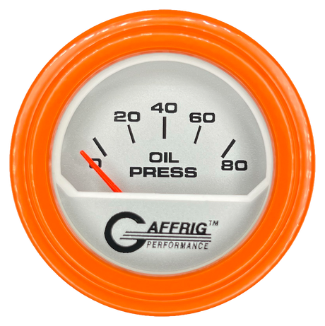 GAFFRIG 2 INCH ELECTRIC OIL PRESSURE GAUGE 0-80 PLATINUM / ORANGE / STEP RIM