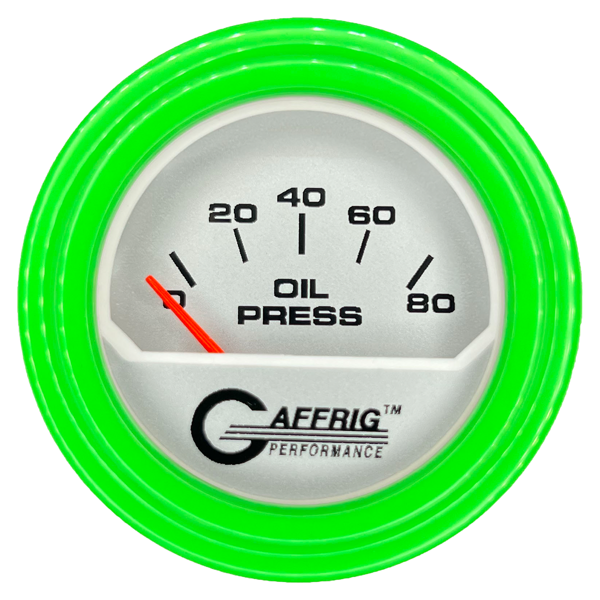 GAFFRIG 2 INCH ELECTRIC OIL PRESSURE GAUGE 0-80 PLATINUM / LIME GREEN / STEP RIM