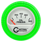 GAFFRIG 2 INCH ELECTRIC OIL PRESSURE GAUGE 0-80 PLATINUM / LIME GREEN / STEP RIM