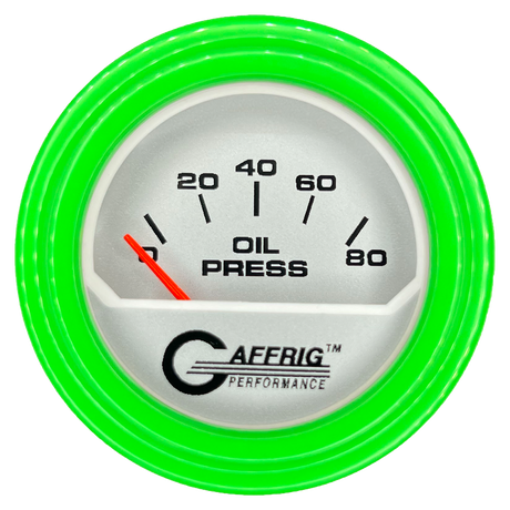 GAFFRIG 2 INCH ELECTRIC OIL PRESSURE GAUGE 0-80 PLATINUM / LIME GREEN / STEP RIM