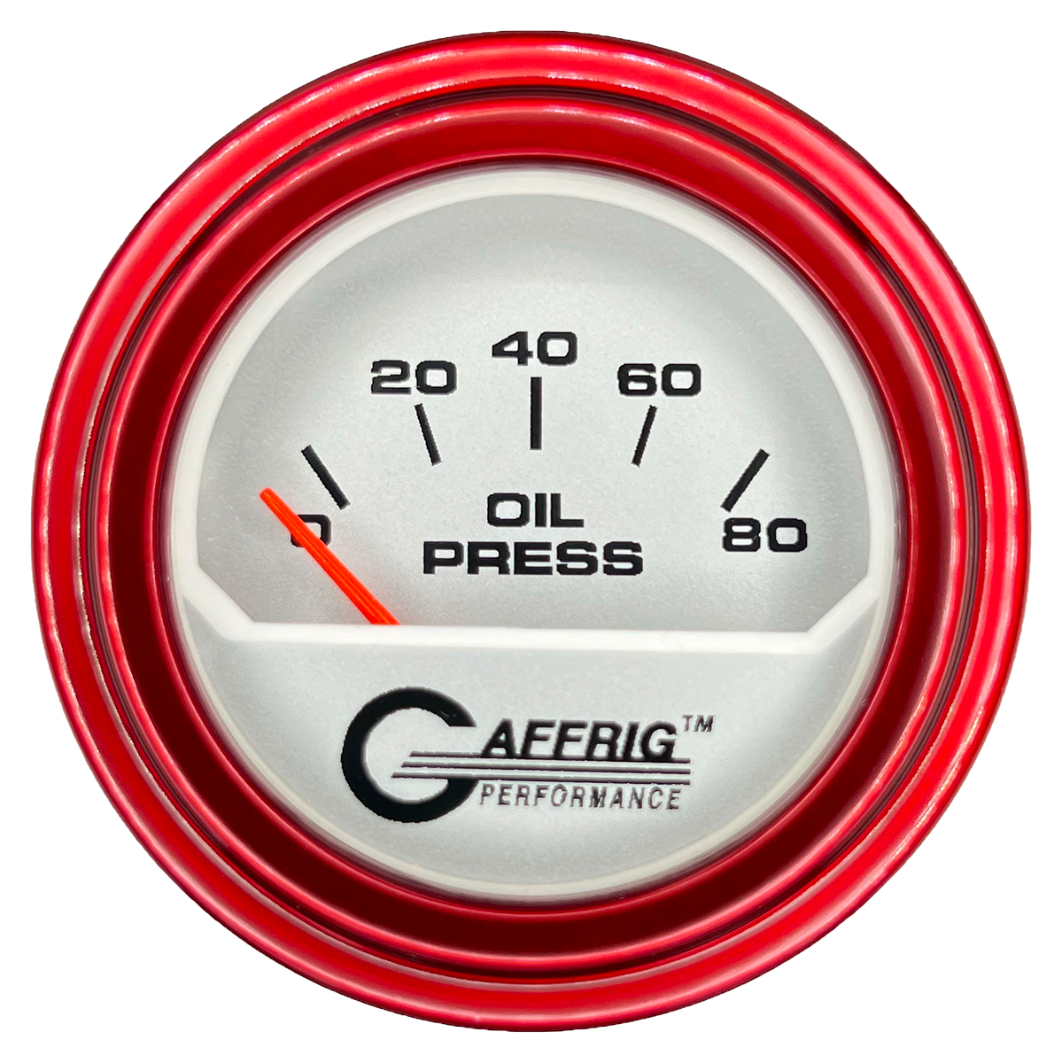 GAFFRIG 2 INCH ELECTRIC OIL PRESSURE GAUGE 0-80 PLATINUM / RED / STEP RIM