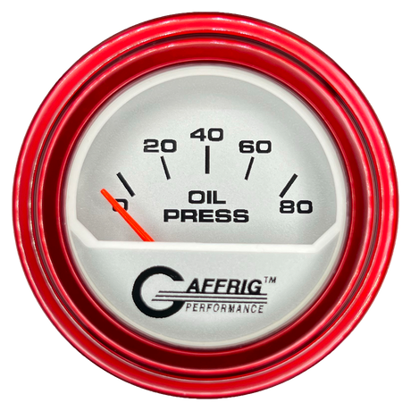 GAFFRIG 2 INCH ELECTRIC OIL PRESSURE GAUGE 0-80 PLATINUM / RED / STEP RIM