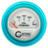 GAFFRIG 2 INCH ELECTRIC OIL PRESSURE GAUGE 0-80 PLATINUM / TEAL / STEP RIM