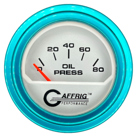 GAFFRIG 2 INCH ELECTRIC OIL PRESSURE GAUGE 0-80 PLATINUM / TEAL / STEP RIM