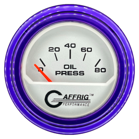 GAFFRIG 2 INCH ELECTRIC OIL PRESSURE GAUGE 0-80 PLATINUM / PURPLE / STEP RIM