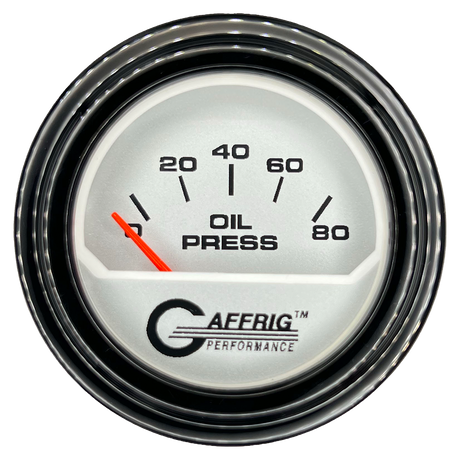 GAFFRIG 2 INCH ELECTRIC OIL PRESSURE GAUGE 0-80 PLATINUM / BLACK / STEP RIM