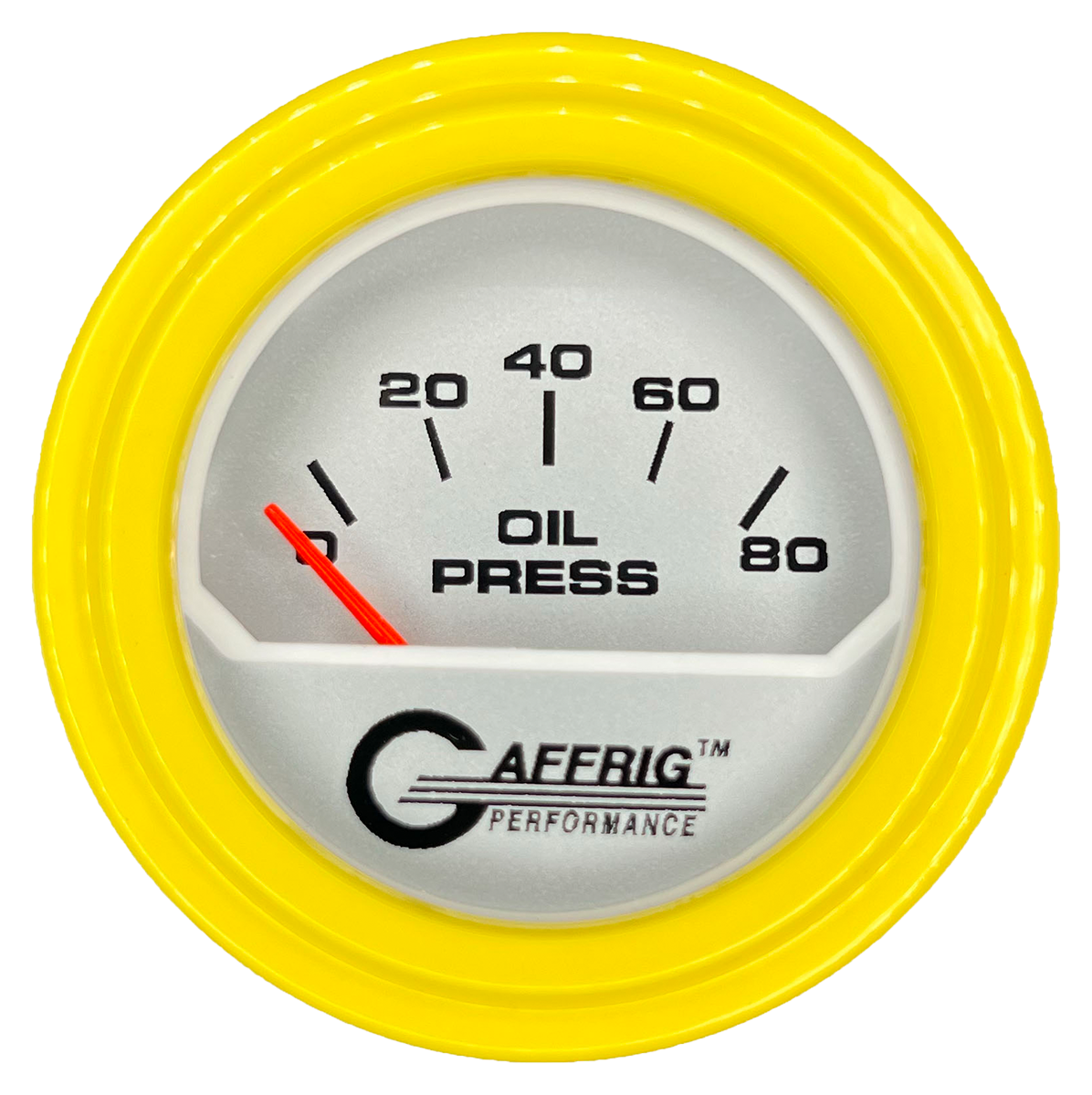 GAFFRIG 2 INCH ELECTRIC OIL PRESSURE GAUGE 0-80 PLATINUM / YELLOW / STEP RIM