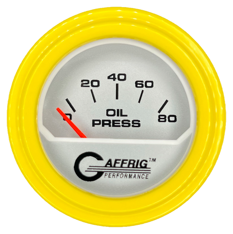 GAFFRIG 2 INCH ELECTRIC OIL PRESSURE GAUGE 0-80 PLATINUM / YELLOW / STEP RIM