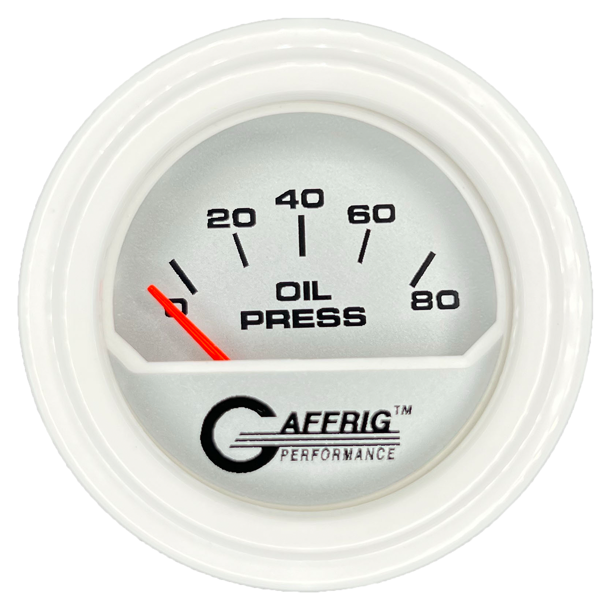 GAFFRIG 2 INCH ELECTRIC OIL PRESSURE GAUGE 0-80 PLATINUM / WHITE / STEP RIM