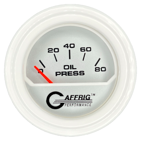 GAFFRIG 2 INCH ELECTRIC OIL PRESSURE GAUGE 0-80 PLATINUM / WHITE / STEP RIM