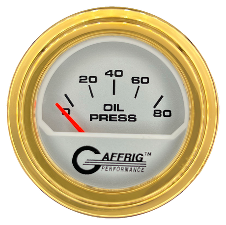 GAFFRIG 2 INCH ELECTRIC OIL PRESSURE GAUGE 0-80 PLATINUM / GOLD / STEP RIM