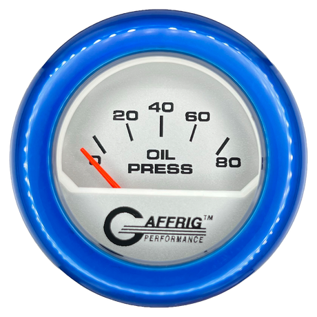 GAFFRIG 2 INCH ELECTRIC OIL PRESSURE GAUGE 0-80 PLATINUM / BLUE / FAT RIM