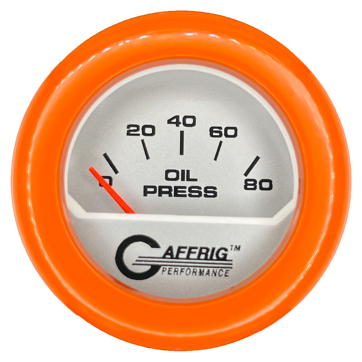 GAFFRIG 2 INCH ELECTRIC OIL PRESSURE GAUGE 0-80 PLATINUM / ORANGE / FAT RIM