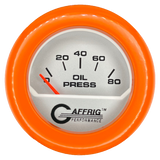 GAFFRIG 2 INCH ELECTRIC OIL PRESSURE GAUGE 0-80 PLATINUM / ORANGE / FAT RIM