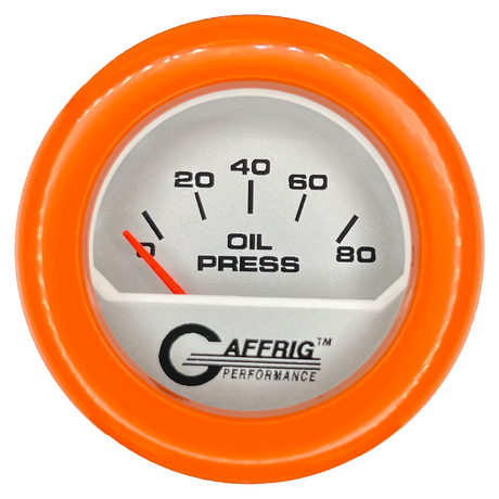 GAFFRIG 2 INCH ELECTRIC OIL PRESSURE GAUGE 0-80 PLATINUM / ORANGE / FAT RIM