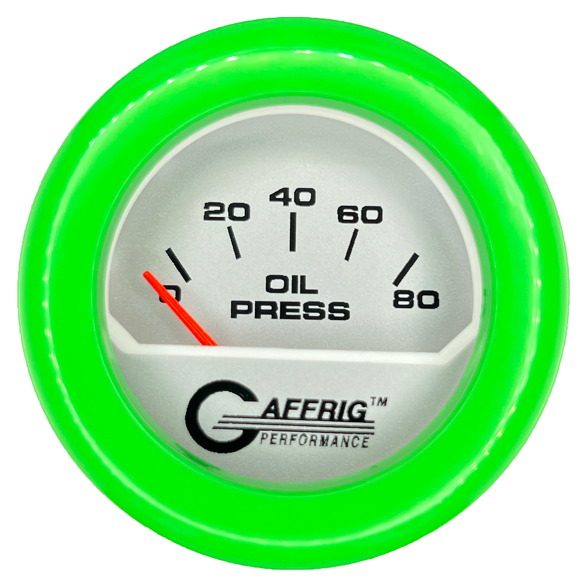 GAFFRIG 2 INCH ELECTRIC OIL PRESSURE GAUGE 0-80 PLATINUM / LIME GREEN / FAT RIM