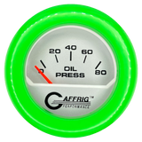 GAFFRIG 2 INCH ELECTRIC OIL PRESSURE GAUGE 0-80 PLATINUM / LIME GREEN / FAT RIM