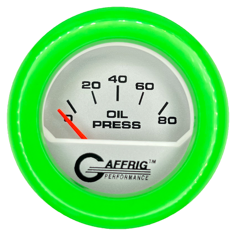 GAFFRIG 2 INCH ELECTRIC OIL PRESSURE GAUGE 0-80 PLATINUM / LIME GREEN / FAT RIM