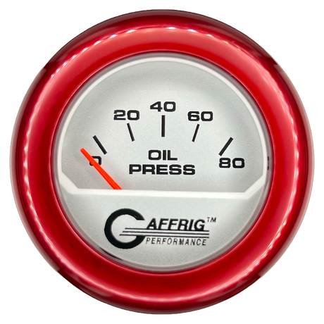 GAFFRIG 2 INCH ELECTRIC OIL PRESSURE GAUGE 0-80 PLATINUM / RED / FAT RIM