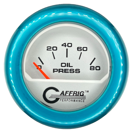 GAFFRIG 2 INCH ELECTRIC OIL PRESSURE GAUGE 0-80 PLATINUM / TEAL / FAT RIM