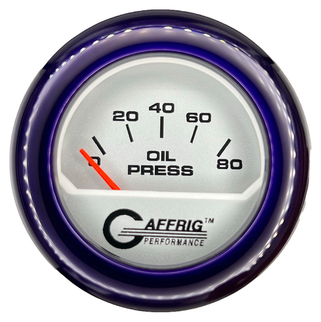 GAFFRIG 2 INCH ELECTRIC OIL PRESSURE GAUGE 0-80 PLATINUM / PURPLE / FAT RIM