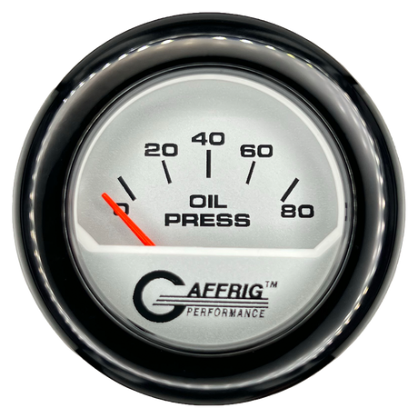 GAFFRIG 2 INCH ELECTRIC OIL PRESSURE GAUGE 0-80 PLATINUM / BLACK / FAT RIM