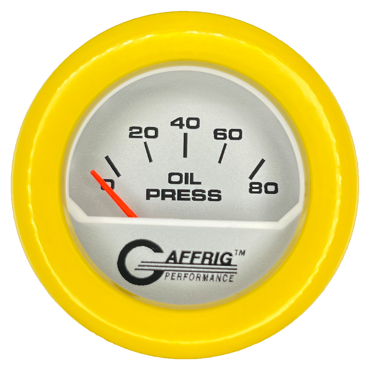 GAFFRIG 2 INCH ELECTRIC OIL PRESSURE GAUGE 0-80 PLATINUM / YELLOW / FAT RIM