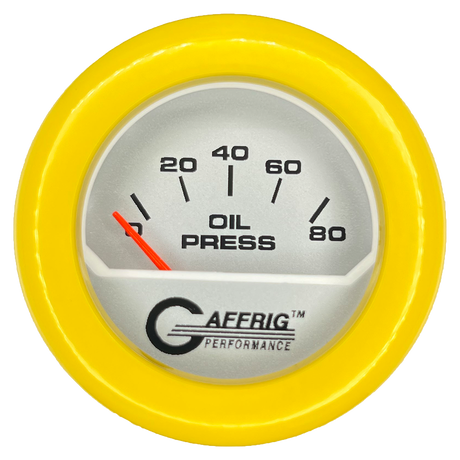 GAFFRIG 2 INCH ELECTRIC OIL PRESSURE GAUGE 0-80 PLATINUM / YELLOW / FAT RIM