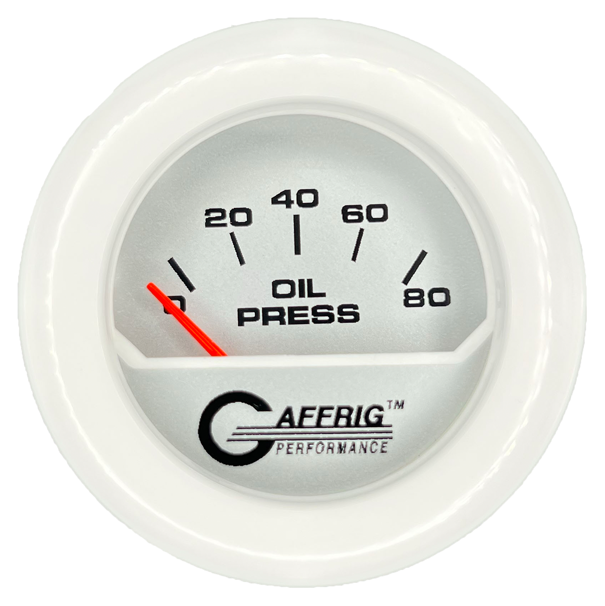 GAFFRIG 2 INCH ELECTRIC OIL PRESSURE GAUGE 0-80 PLATINUM / WHITE / FAT RIM