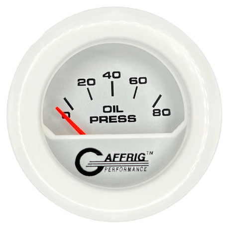 GAFFRIG 2 INCH ELECTRIC OIL PRESSURE GAUGE 0-80 PLATINUM / WHITE / FAT RIM