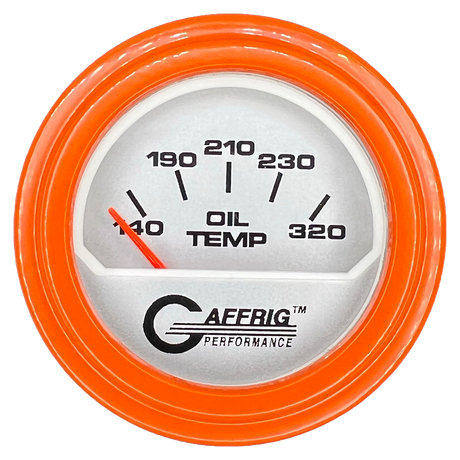 GAFFRIG 2 INCH ELECTRIC OIL TEMP GAUGE 100-320 F STEP RIM (002) / ORANGE / PLATINUM