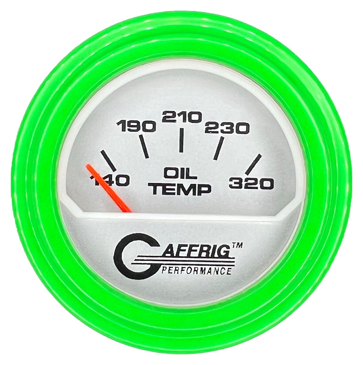 GAFFRIG 2 INCH ELECTRIC OIL TEMP GAUGE 100-320 F STEP RIM (002) / LIME GREEN / PLATINUM