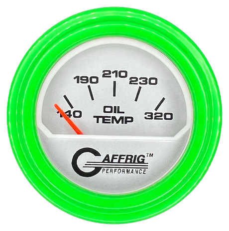 GAFFRIG 2 INCH ELECTRIC OIL TEMP GAUGE 100-320 F STEP RIM (002) / LIME GREEN / PLATINUM