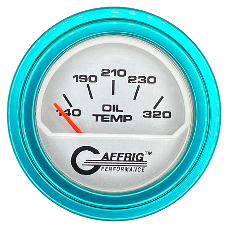 GAFFRIG 2 INCH ELECTRIC OIL TEMP GAUGE 100-320 F STEP RIM (002) / TEAL / PLATINUM