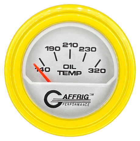 GAFFRIG 2 INCH ELECTRIC OIL TEMP GAUGE 100-320 F STEP RIM (002) / YELLOW / PLATINUM